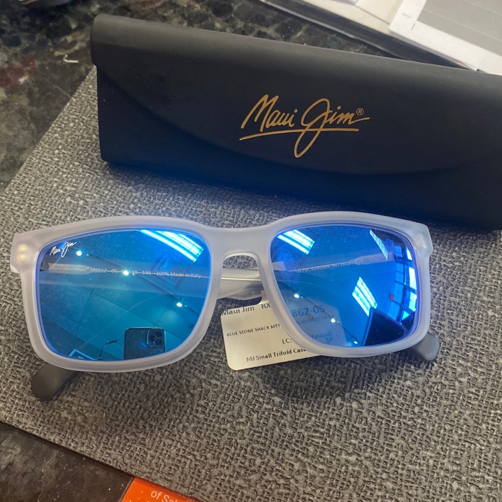 Maui Jim Blue stone with matte crystal frame and grey tips Rx-able